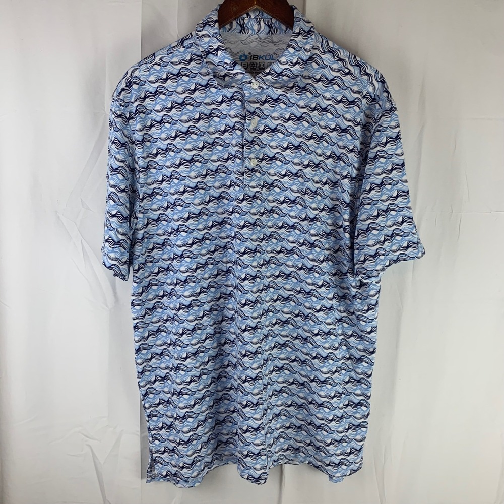 IBKUL Polo Shirt Mens XL Blue Wave‎ Print UPF 50+ Performance Short Sleeve